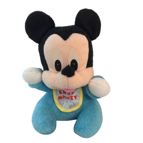 Vtg Mattel Disney Baby Mickey Minnie Mouse Plush w/Bibs Rattle Terry Cloth - Picture 2 of 15